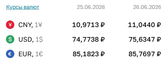 Официальный курс Центробанка на 26 июня: доллар 75,63 ₽, евро 85,77 ₽. По курсу ЦБ проходят расчеты по ряду финансовых инструментов.