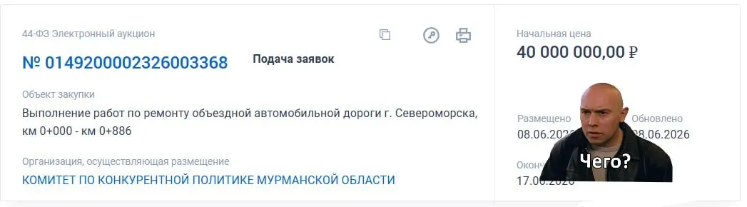 Объявлена закупка на ремонт обходного участка длиной 886 метров: в смету включены укладка асфальта и нанесение разметки, общая стоимость — около 40 млн рублей.