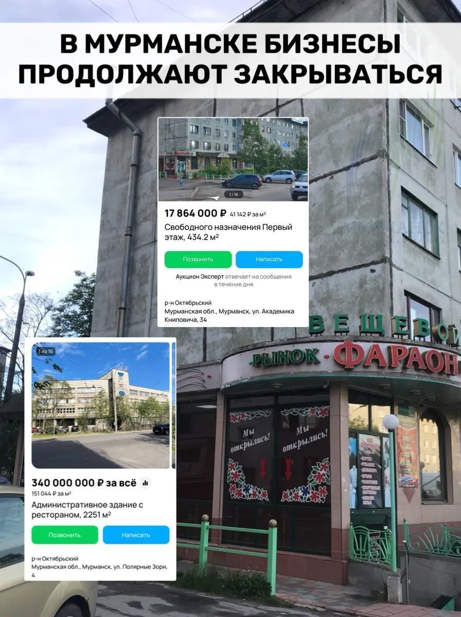 В Мурманске растёт число закрытий предприятий — среди продаваемых объектов деловой центр с рестораном и помещение в торговом центре; одновременно в городе строят новые бизнес‑центры, но условия для предпринимателей ужесточаются.