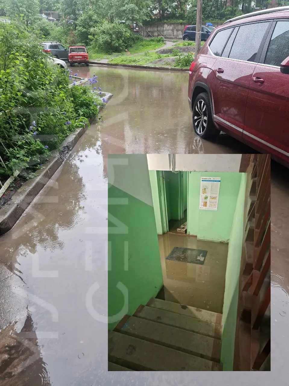 После затяжных дождей во дворе дома на Кольском проспекте, 5/1, собралась большая лужа, частично затопившая подъезд. Жильцы жалуются на невозможность свободно выходить из дома и ждут реакции управляющей компании.