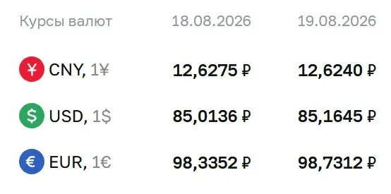 Доллар остаётся около отметки 85 рублей, евро — около 99 рублей, юань — около 12,6 ₽. По курсу ЦБ проводится расчёт по ряду инструментов, включая облигации и фьючерсы.